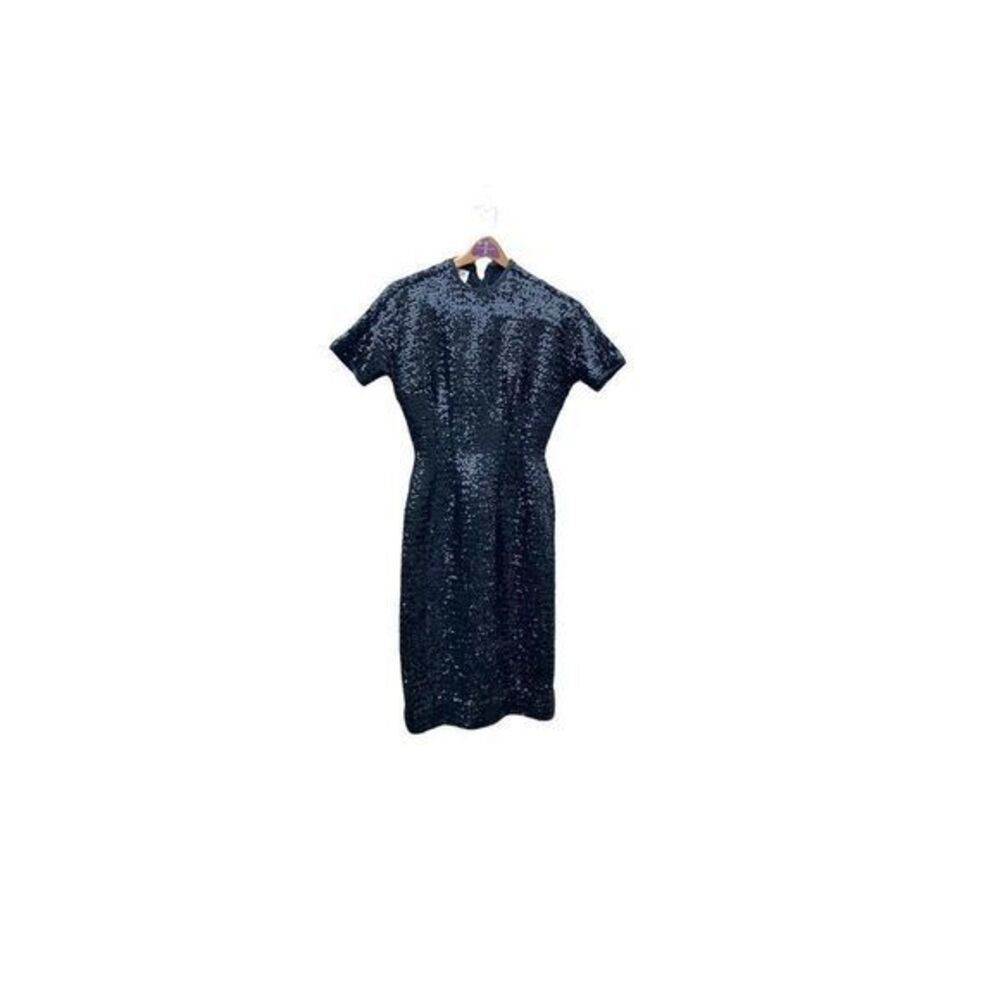 Anne Fogarty Black Sequin Wiggle Dress LBD M Vintage 60s